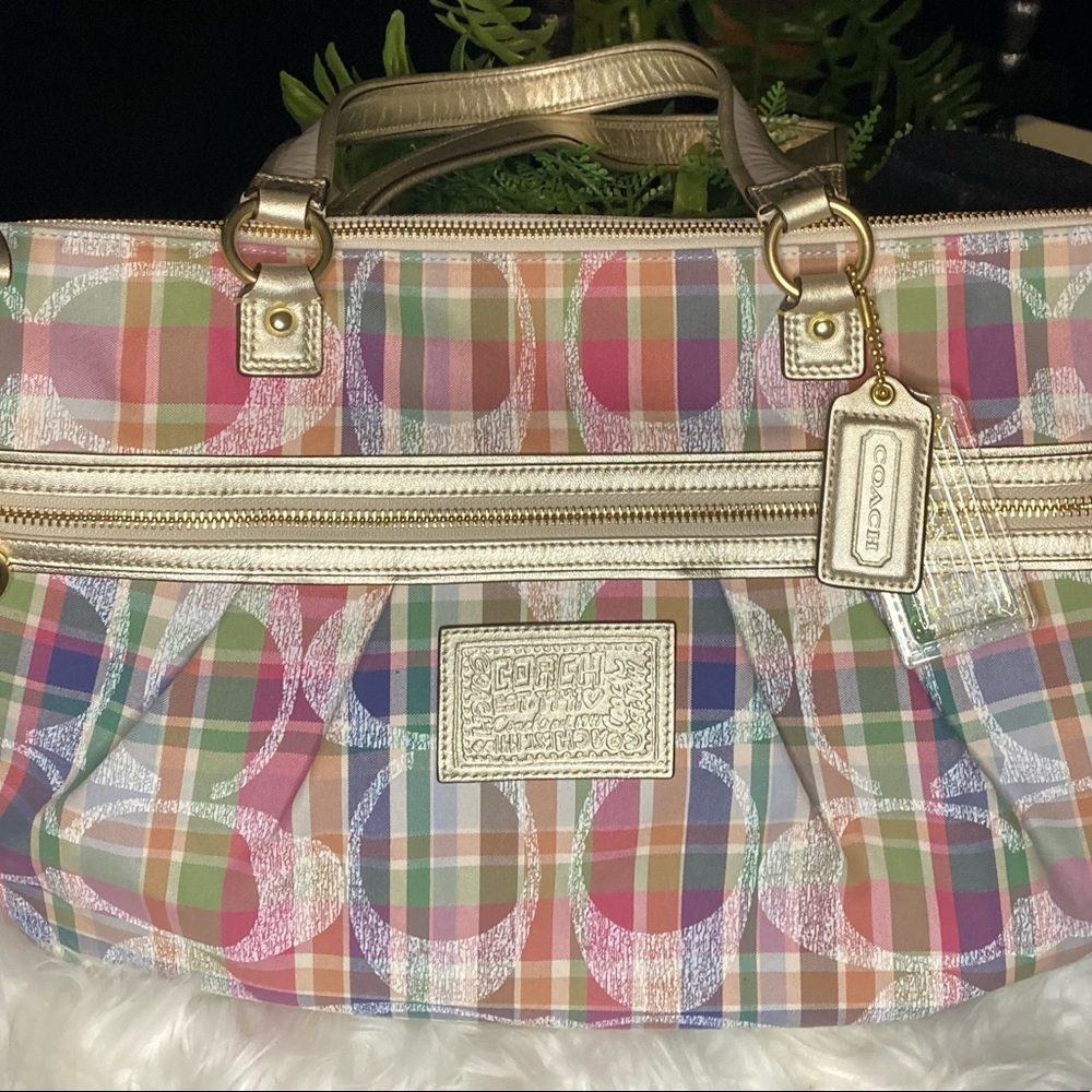 Coach Poppy Daisy Madras Signature Large Shoulder Tote Bag F21956 Purse Brass XL